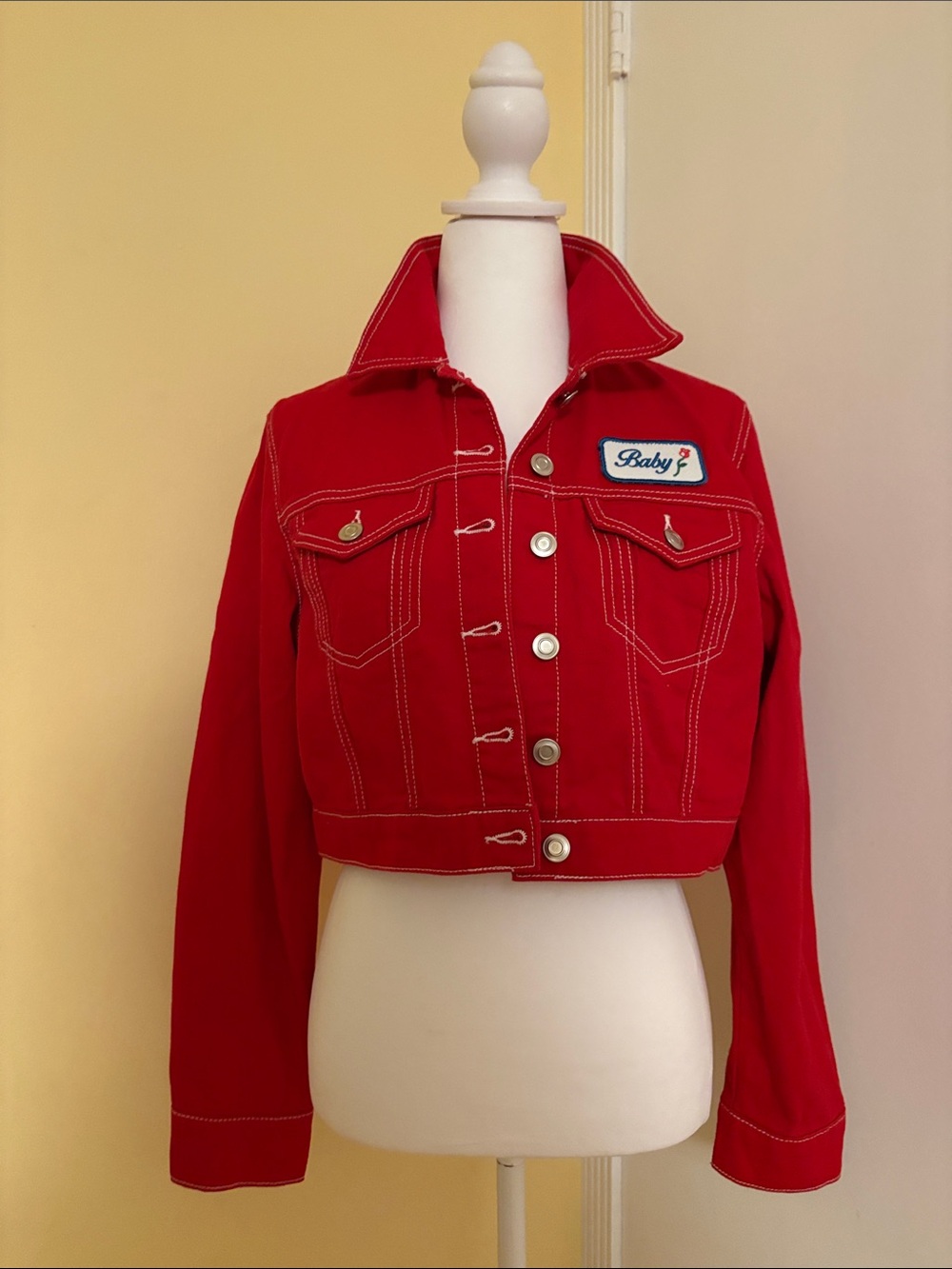 Forever 21 Red Cropped Jean Jacket with Patch